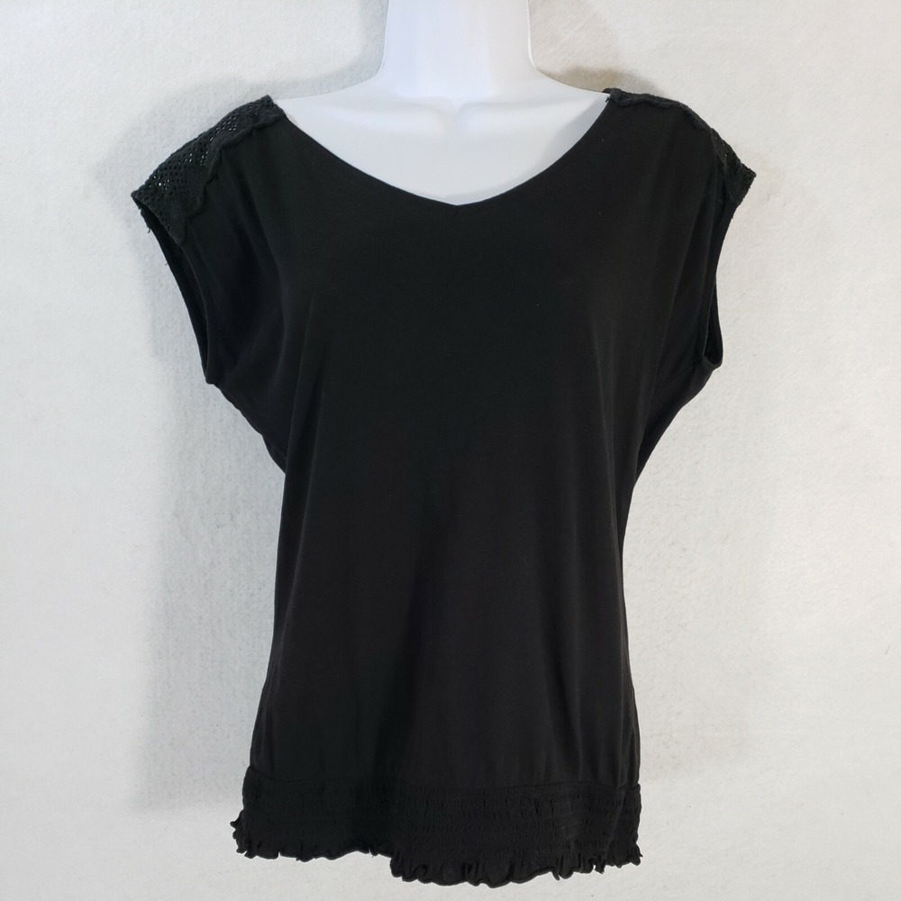 New York & Company Women XS Blouse Black Sleeveless V-Neck Crochet Smocked